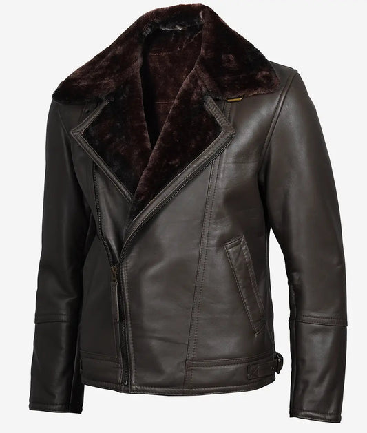 Men's Dark Brown Shearling Leather Moto Jacket with Asymmetrical Shearling Lining. image 0