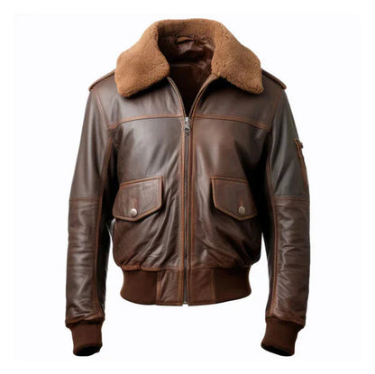 Men's Pilot Faux Shearling Lapel Brown Bomber Leather Jacket image 0