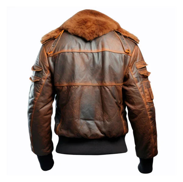 Men's Flight Faux Shearling Lapel Bomber Brown Leather Jacket image 1