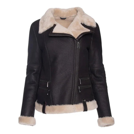 Women's Vanilla Merino Shearling Rich Brown Leather Jacket image 0