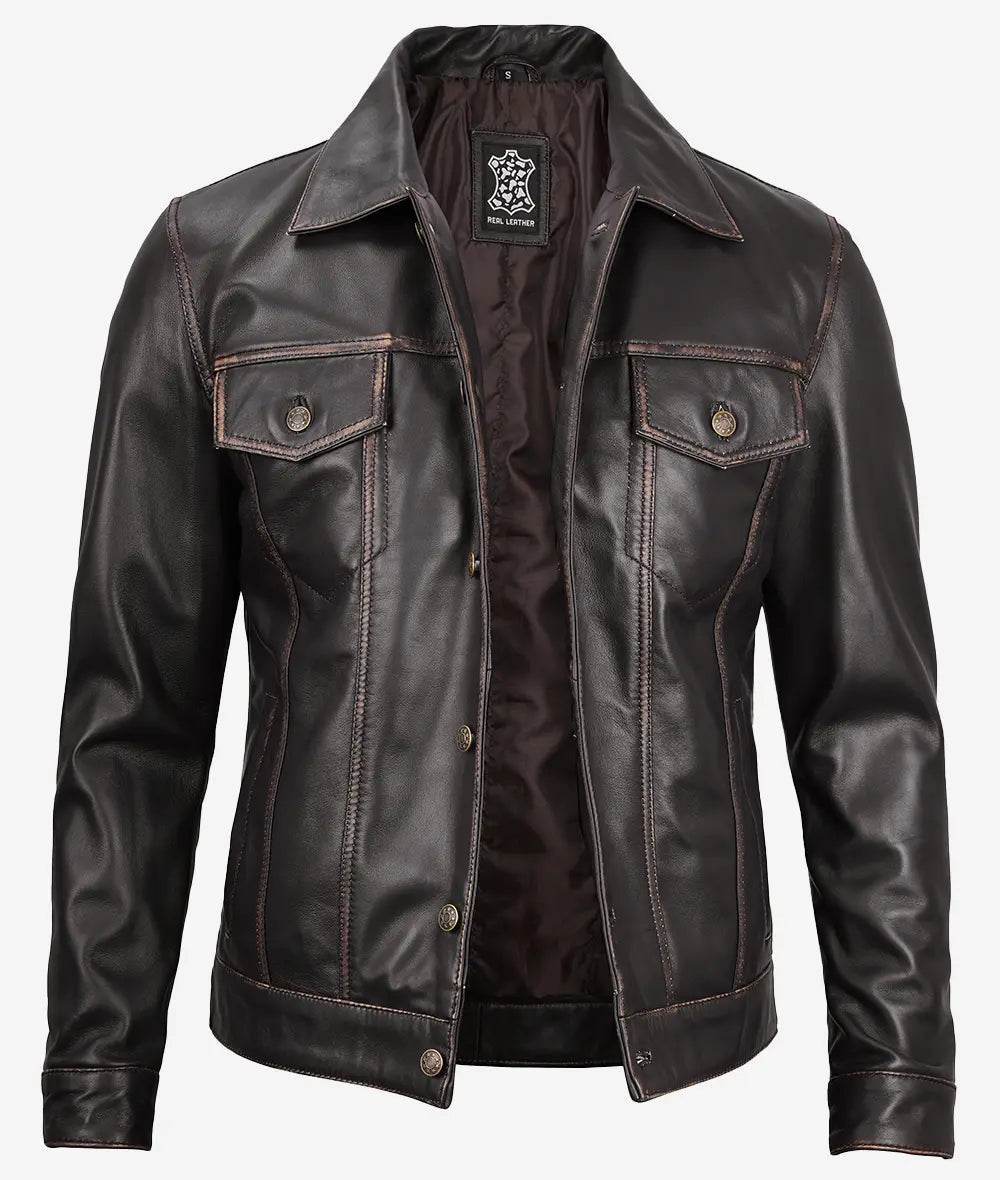 Fernando Men’s Dark Brown Trucker Real Leather Jacket image 1