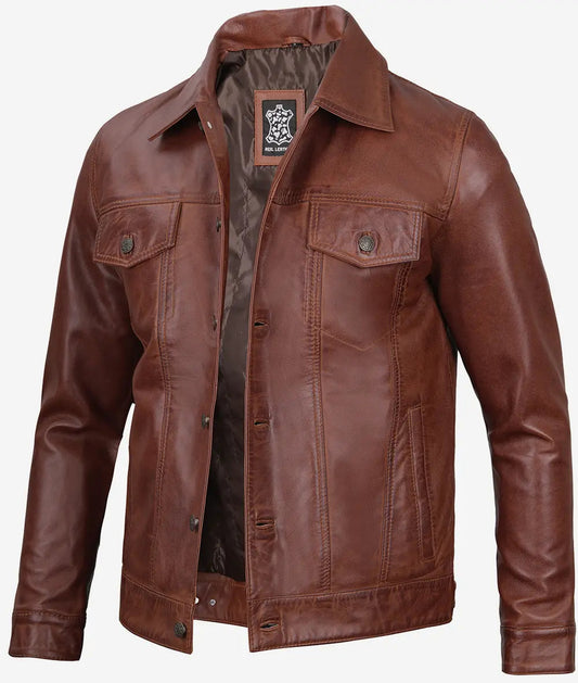 Men's Cognac Trucker Leather Jacket image 0