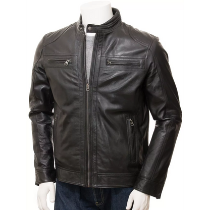 Black Leather Double Pockets Biker Jacket Men’s image 0