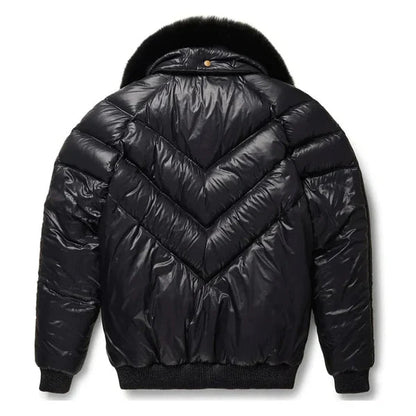 Men's V-Bomber Faux Shearling Black Leather Jacket image 1
