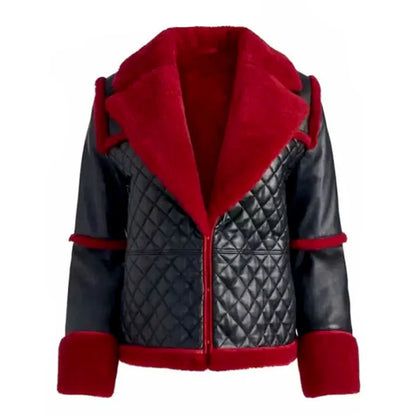 Women's Red Faux Fur Aviator Leather Jacket image 0