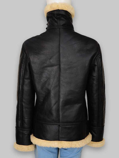 B3 Women's Fur Shearling Black Leather Jacket image 5