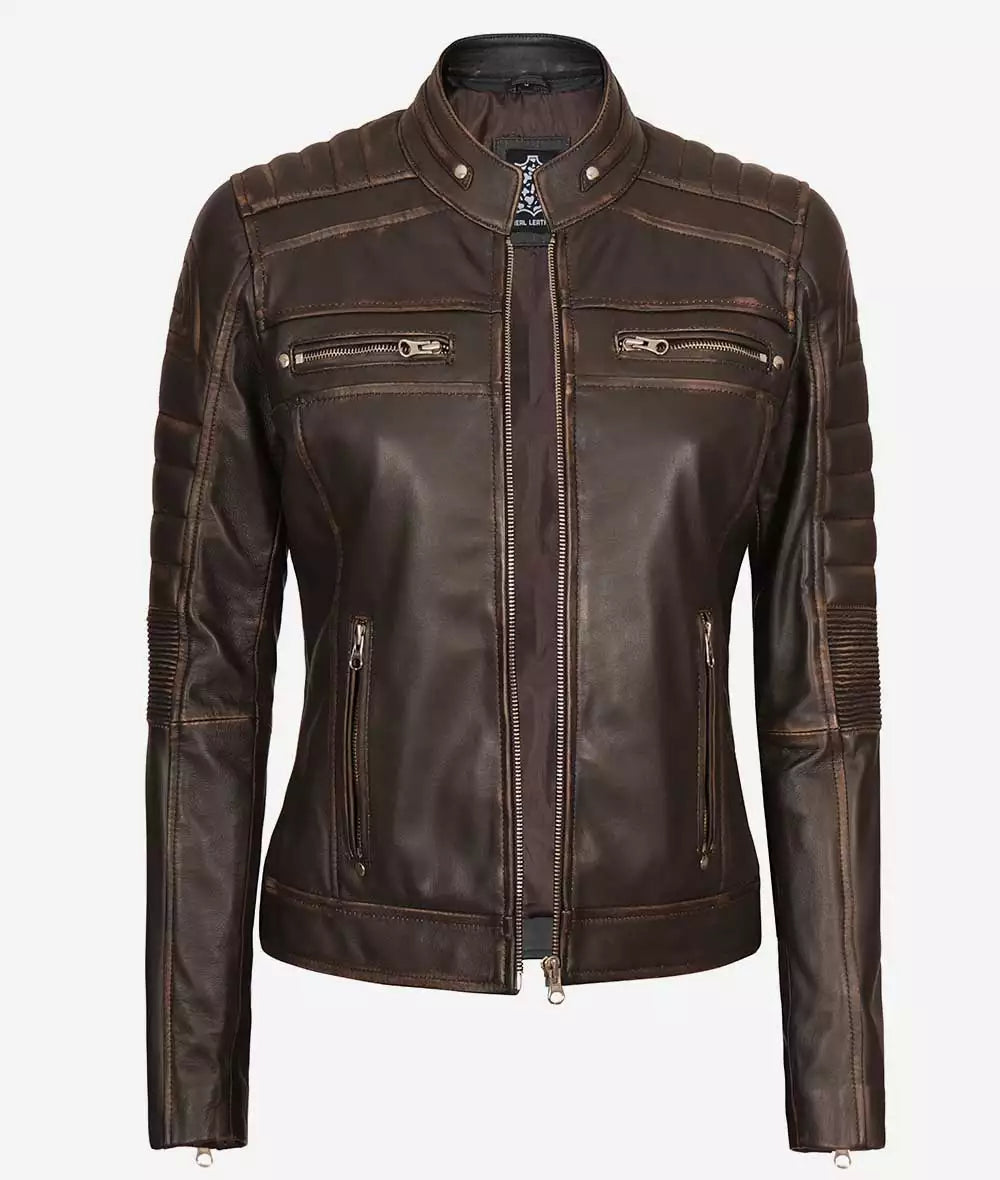 Women's Brown Distressed Motorcycle Leather Jacket image 1