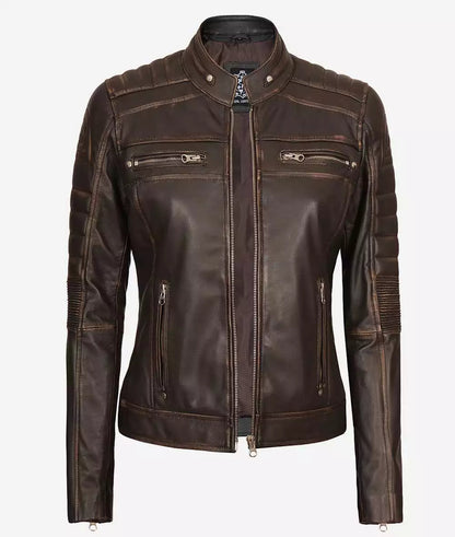 Women's Brown Distressed Motorcycle Leather Jacket image 1