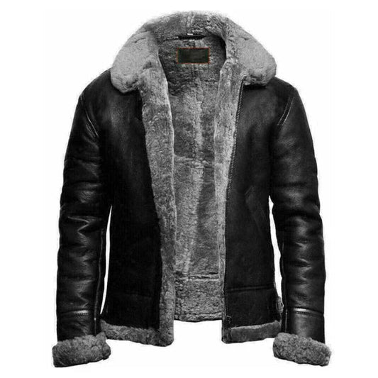 Men's Faux Shearling Lining Black Leather Jacket image 0