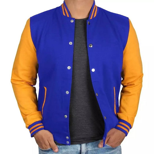 Royal Blue Baseball Varsity Jacket for Men with Yellow Sleeves - Bomber Style Jacket image 0