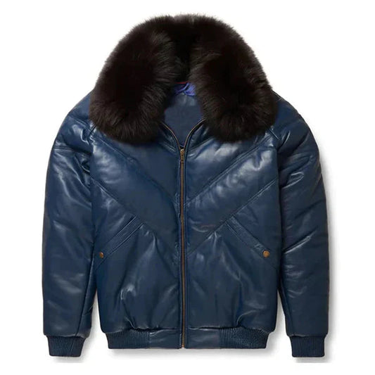 Men's V-Bomber Faux Shearling Navy Blue Leather Jacket image 0