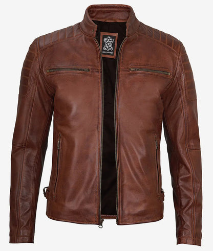 Men's Waxed Cognac Cafe Racer Real Leather Jacket image 1