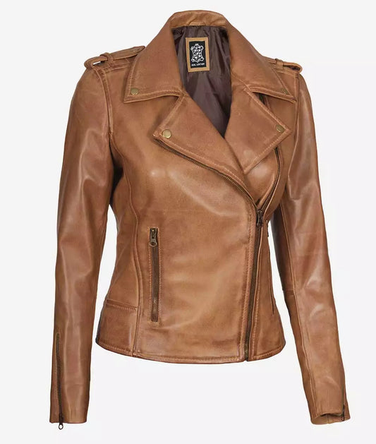 Women's Camel Brown Real Leather Moto Jacket image 0