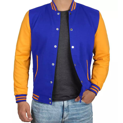 Royal Blue Baseball Varsity Jacket for Men with Yellow Sleeves - Bomber Style Jacket image 1