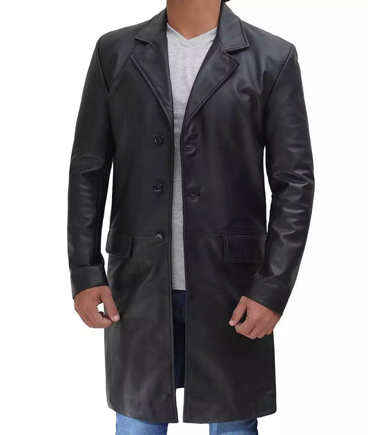 Men's Genuine Cowhide Black Long Leather Coat image 0