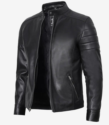 Men's Black Cafe Racer Real Leather Jacket image 0