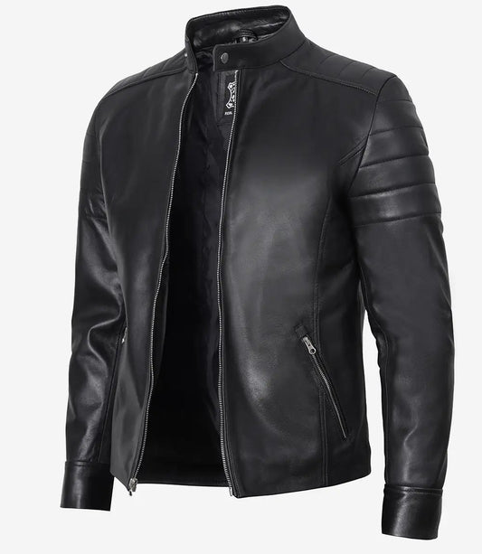 Men's Black Cafe Racer Real Leather Jacket image 0