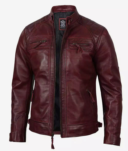 Men's Real Lambskin Leather Maroon Biker Jacket with Quilted Shoulders image 1