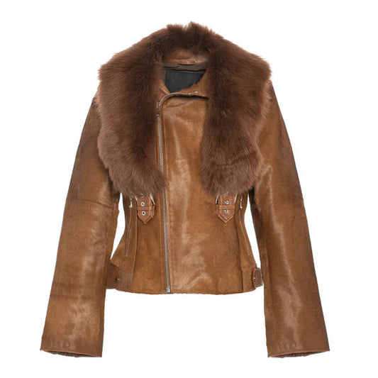 Women's Brown Tara Calf Shearling Fur Leather Jacket image 0