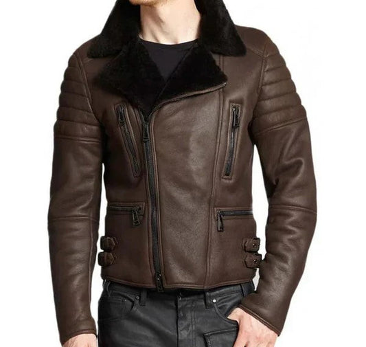 Men's Faux Shearling Cafe Black Bomber Leather Jacket image 0