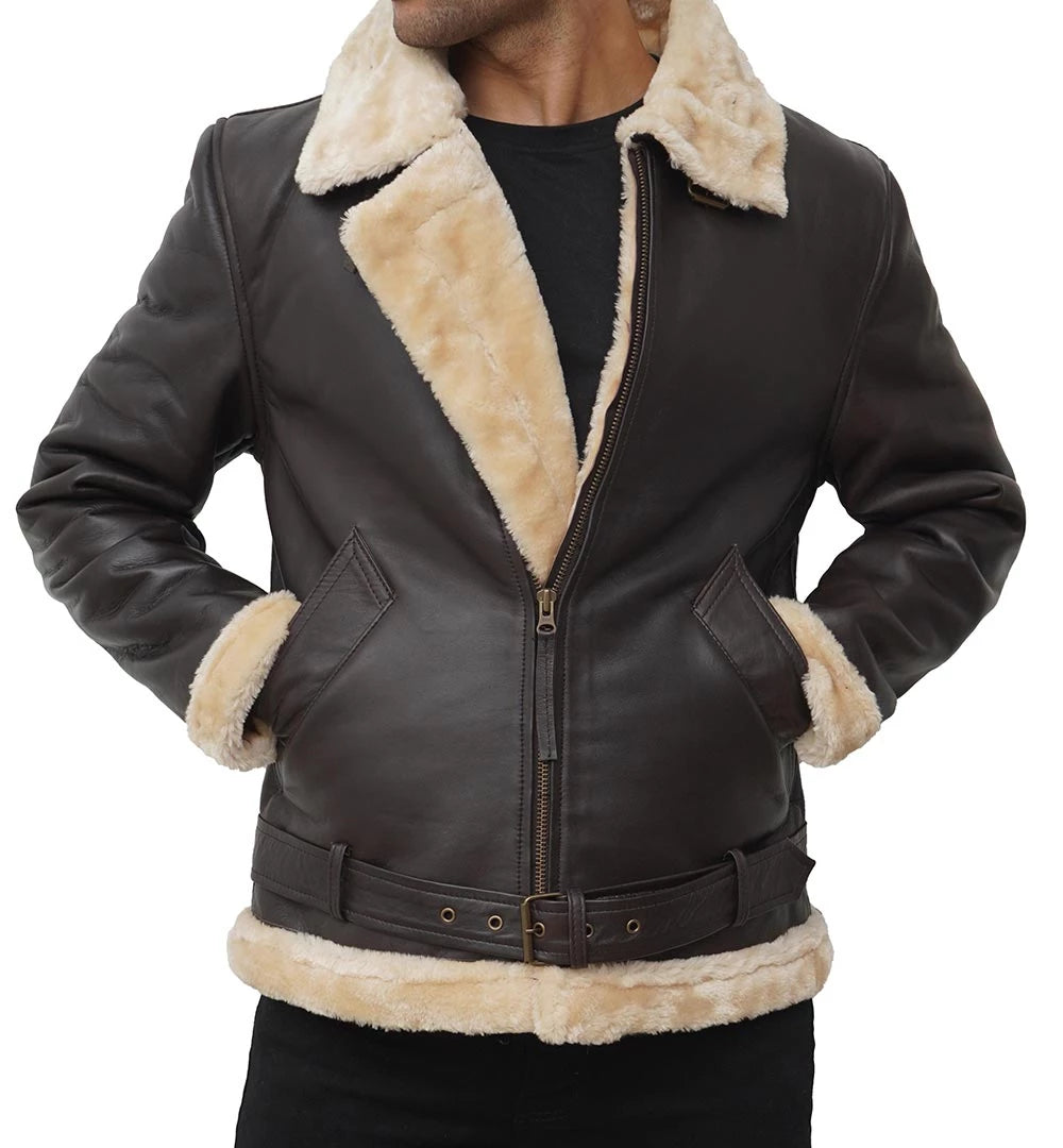 Men's Dark Brown Shearling Bomber Jacket Made of Real Leather image 0