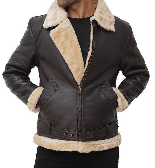 Men's Dark Brown Shearling Bomber Jacket Made of Real Leather image 0