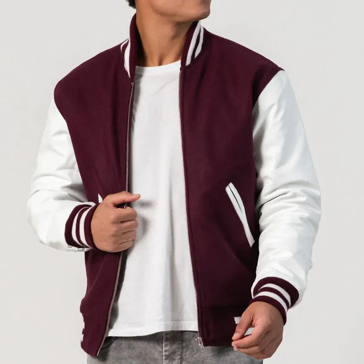 Men's Maroon and White Wool Varsity Jacket image 1