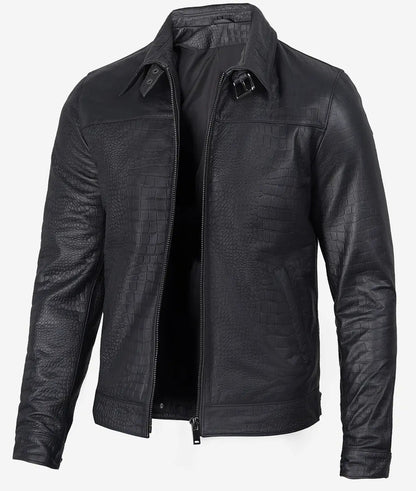 Men's Black Crocodile-Embossed Calfskin Bomber Jacket : GRANDEUR EDITION image 1