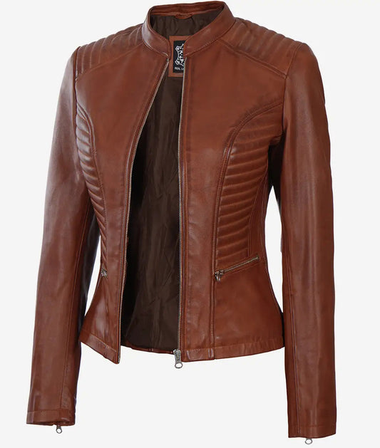 Women's Cognac Real Leather Slim Fit Biker Jacket image 0