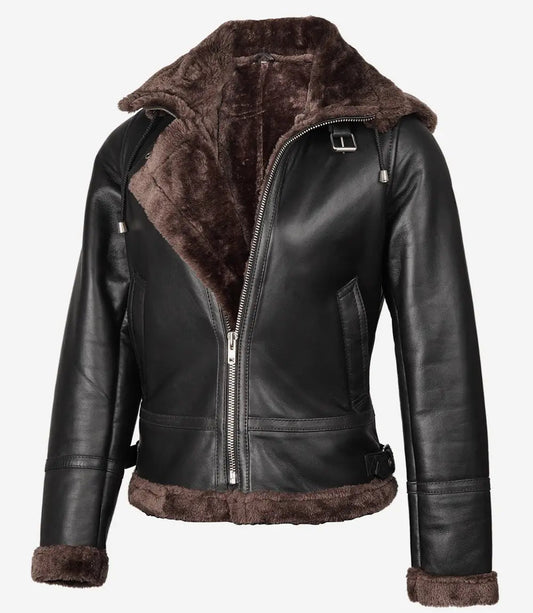 Women's B3 Dark Brown Shearling Bomber Leather Jacket image 0