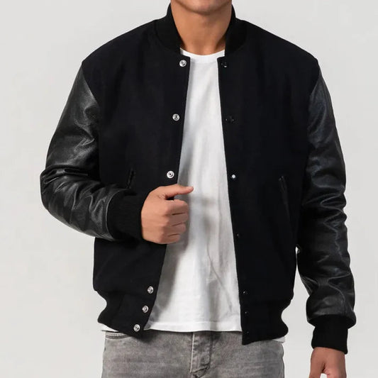 Black Wool Varsity Jacket with Black Leather Sleeves image 0
