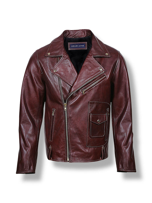 Rouven maroon leather biker jacket for men – front view