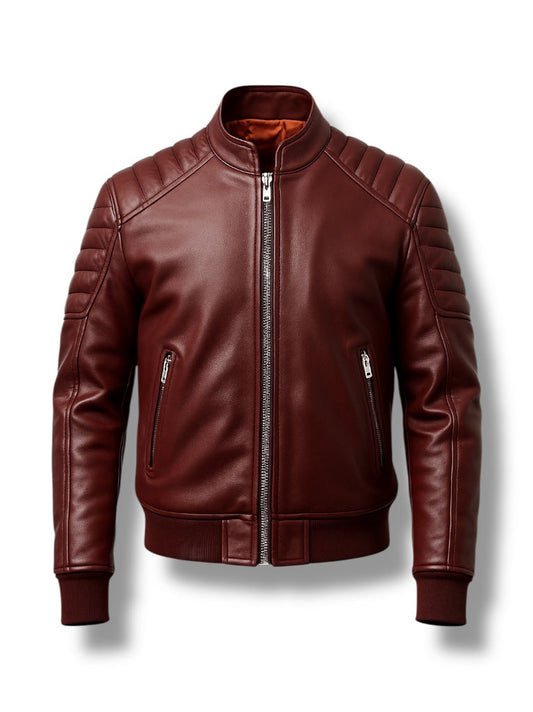 Maroon Padded Bomber Leather Jacket For Men.