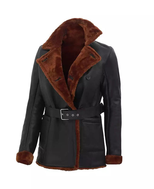 Women's Black Belted Leather Shearling Coat - Double-Breasted Style image 0