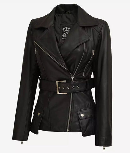 Women's Black Belted Moto Leather Jacket image 1