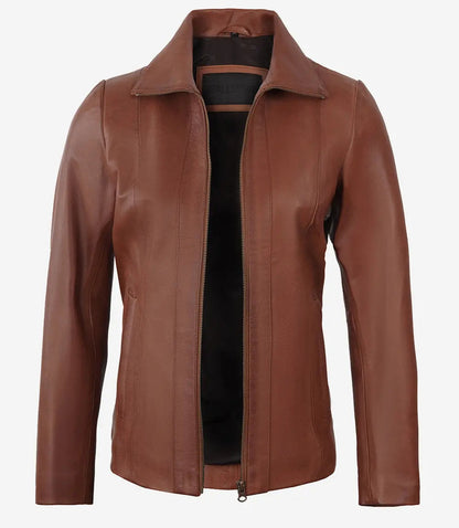 Women's Cognac Zipper Closure Lambskin Leather Coat image 1