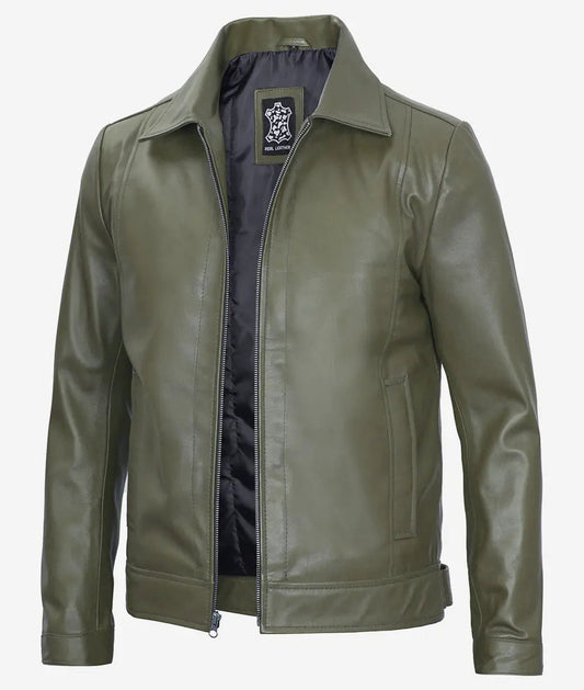 Men's Green Classic Shirt Collar Military Leather Jacket image 0