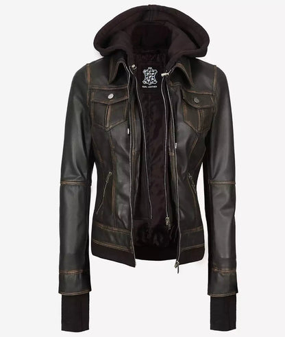 Women's Brown Rub-Off Detachable Hooded Bomber Leather Jacket image 0