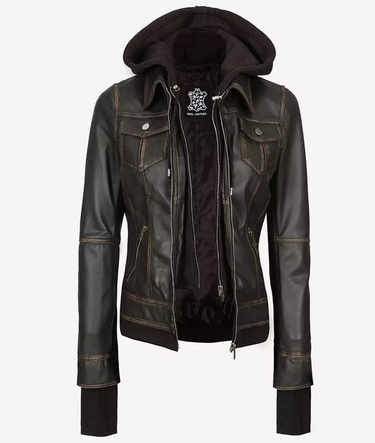 Women's Brown Rub-Off Detachable Hooded Bomber Leather Jacket image 0
