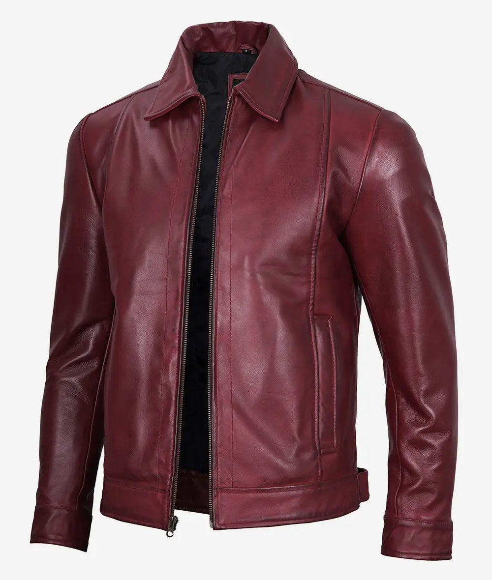 Men's Maroon Shirt Collar Leather Jacket image 0