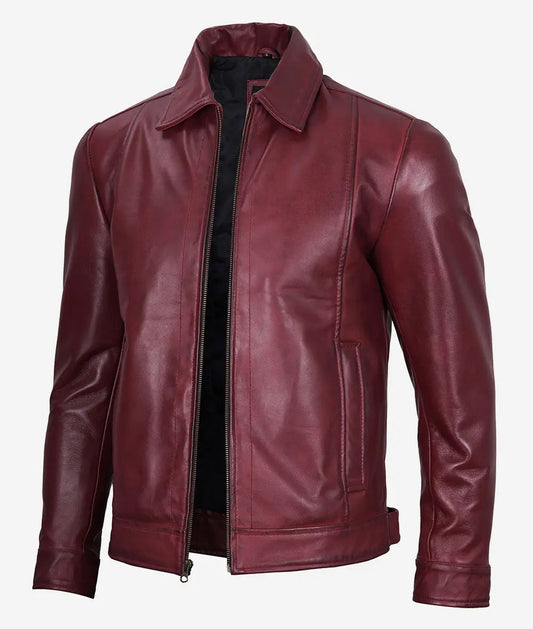 Men's Maroon Shirt Collar Leather Jacket image 0