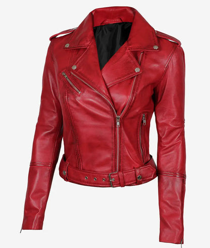 Women's Asymmetrical Belted Moto Red Leather Jacket image 1