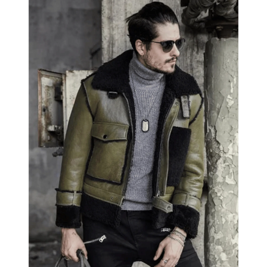 Mens Green RAF Flying Pilot Shearling Leather Jacket image 0