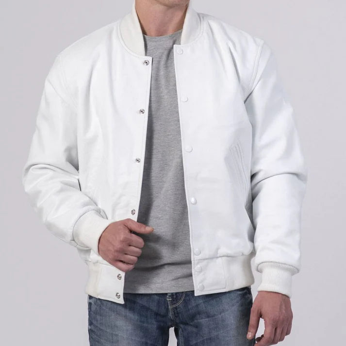 Men's Full White Leather Varsity Jacket image 0