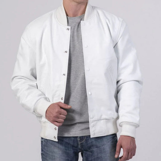 Men's Full White Leather Varsity Jacket image 0