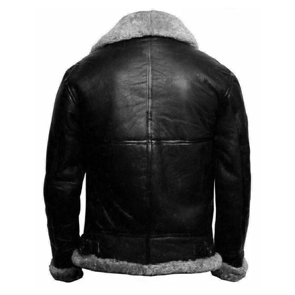 Men's Faux Shearling Lining Black Leather Jacket image 1