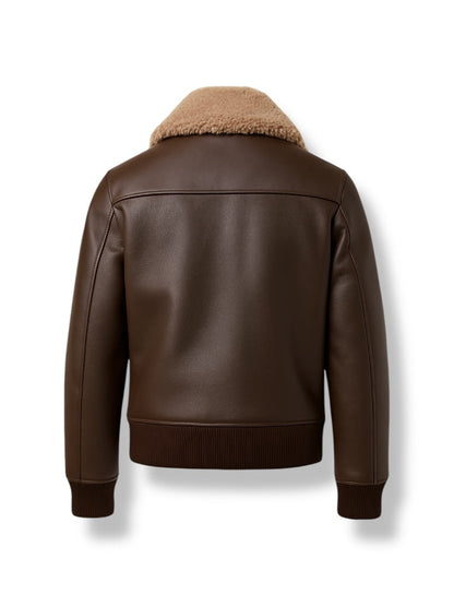 back image of Brown shearling leather jacket with brown fur lining on a white background