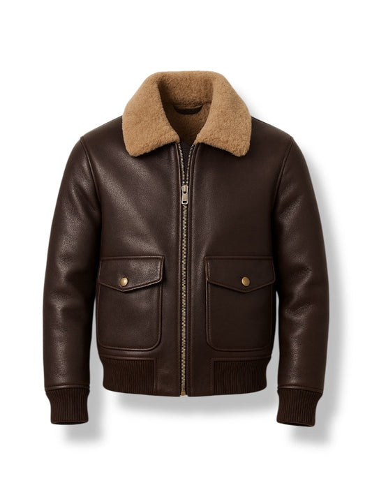 Brown leather jacket with fur collar on a white background