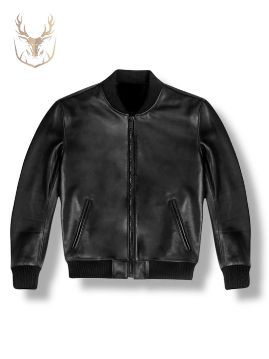 Black Bomber Leather Jacket For Men.
