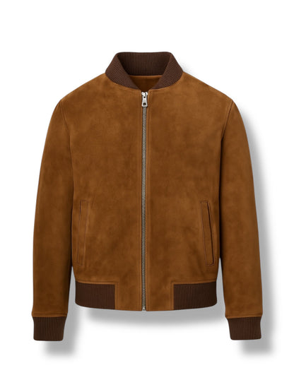 Brown suede jacket with brown trim on a white background